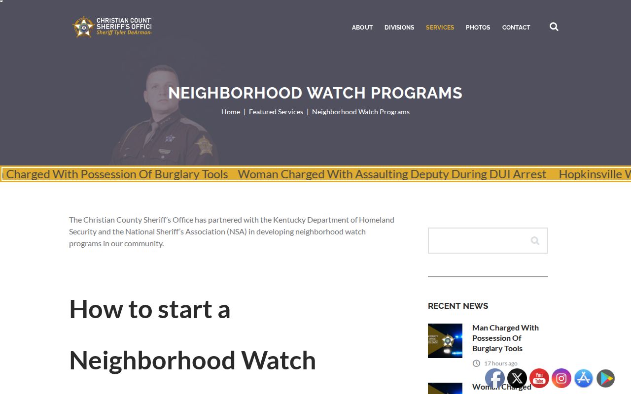 Christian County Sheriff Neighborhood Watch program page serving communities near Hopkinsville