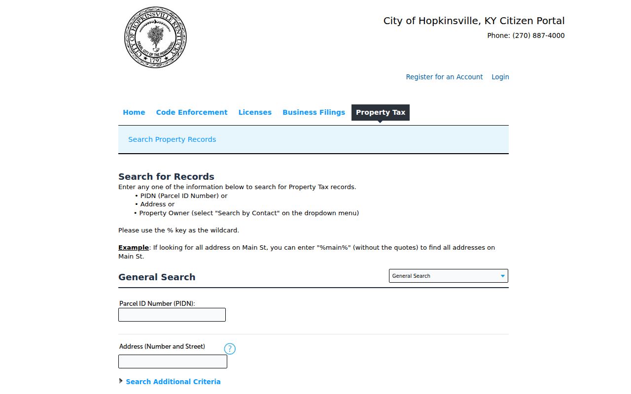 Hopkinsville Accela property search fields for the street directory